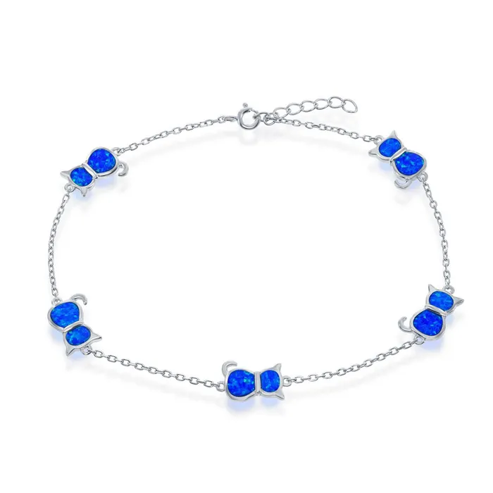 Classic Rings Womens Anklet Sterling Silver Blue Inlay Opal Cat R9235