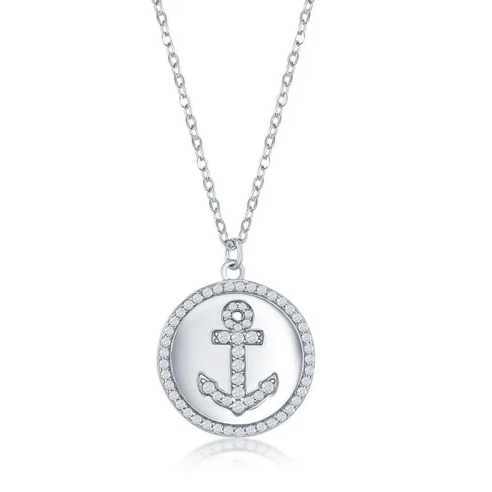 Classic Sterling Silver Anchor Micro Pave Cubic Zirconia Disc Necklace Necklaces Classic Sterling Silver Anchor Micro Pave Cubic Zirconia Disc Necklace Necklaces