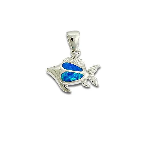 Classic Sterling Silver Blue Inlay Opal Flat Fish Pendant Necklaces