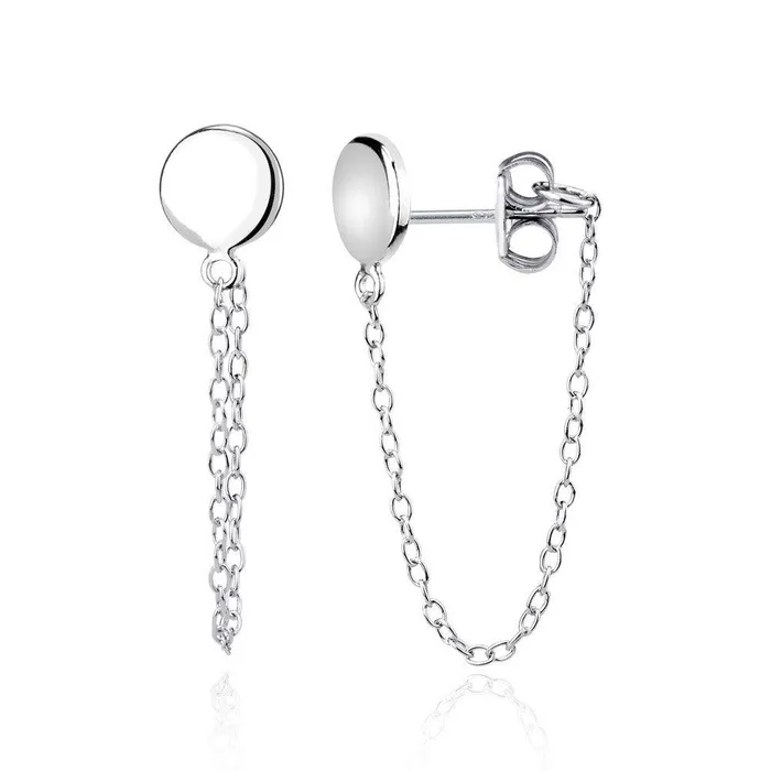 Classic Sterling Silver Circle Stud with Looping Chain Earrings Earrings