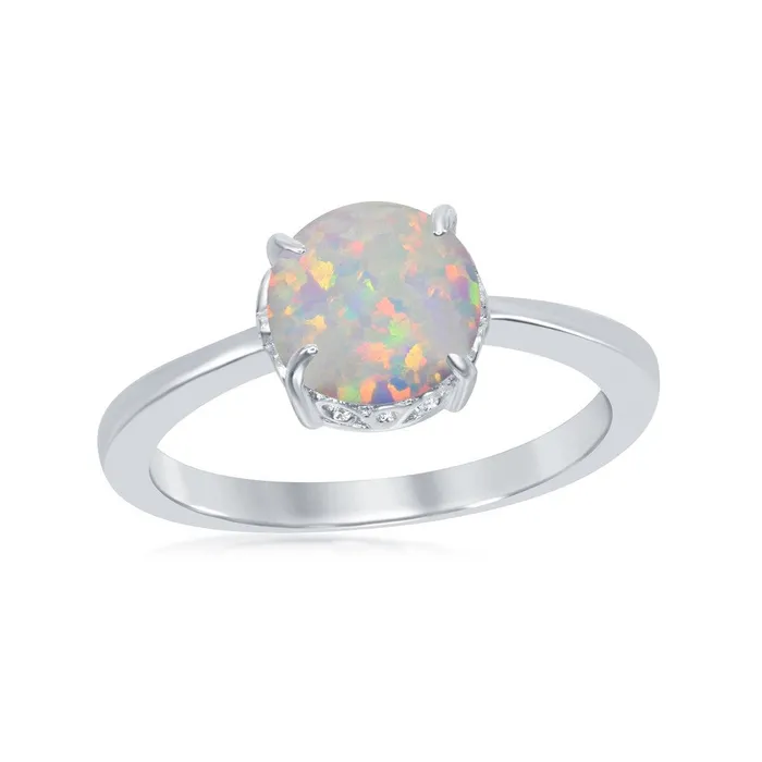 Classic Sterling Silver FourProng Round White Inlay Opal Ring W1852 Rings