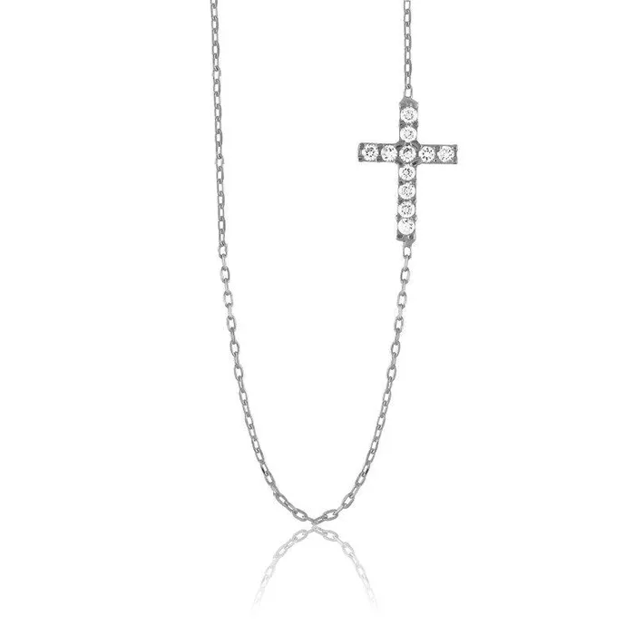 Classic Sterling Silver Small CZ Sideways Cross Necklace Necklaces