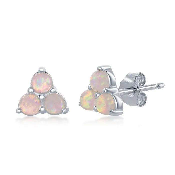 Classic Sterling Silver Triple White Opal Cluster Stud Earrings Earrings
