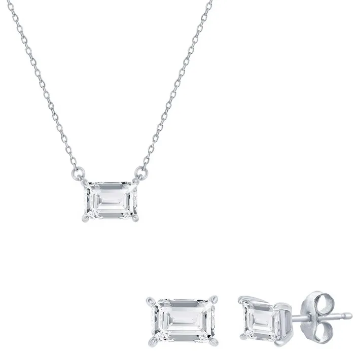 Classic Womens Necklace and Earrings Set Silver Solitaire Rectangle CZ SET610 Classic Earrings Classic Womens Necklace and Earrings Set Silver Solitaire Rectangle CZ SET610 Classic Earrings