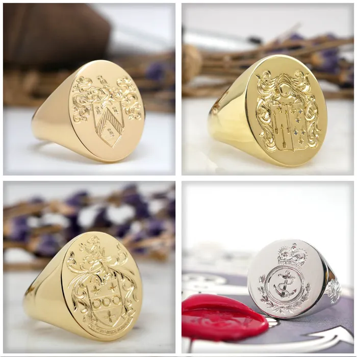 deBebians Mens Oval Signet Ring Large Hand Engraved Family Crest Logo Rings