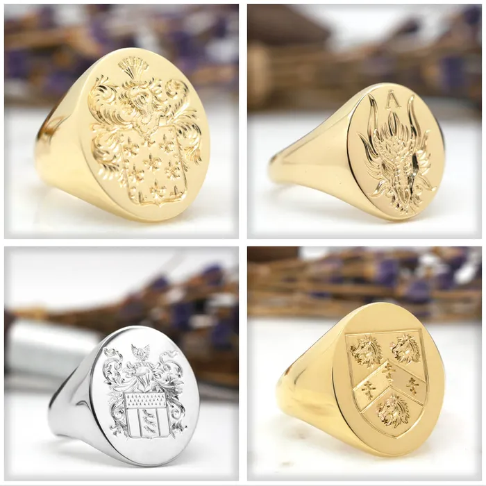 deBebians Mens Oval Signet Ring Large Hand Engraved Family Crest Logo Rings
