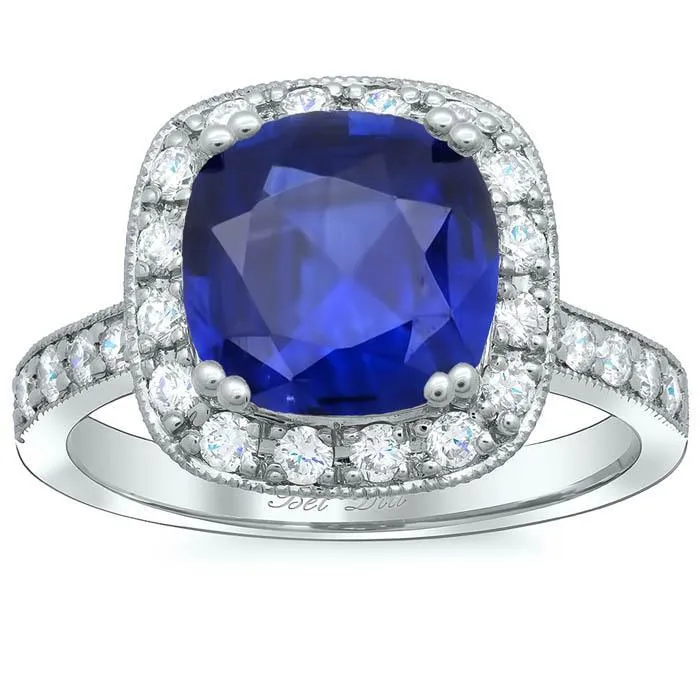 deBebians Rings Milgrained Cushion Halo Engagement Ring for Blue Sapphire deBebians Rings Milgrained Cushion Halo Engagement Ring for Blue Sapphire