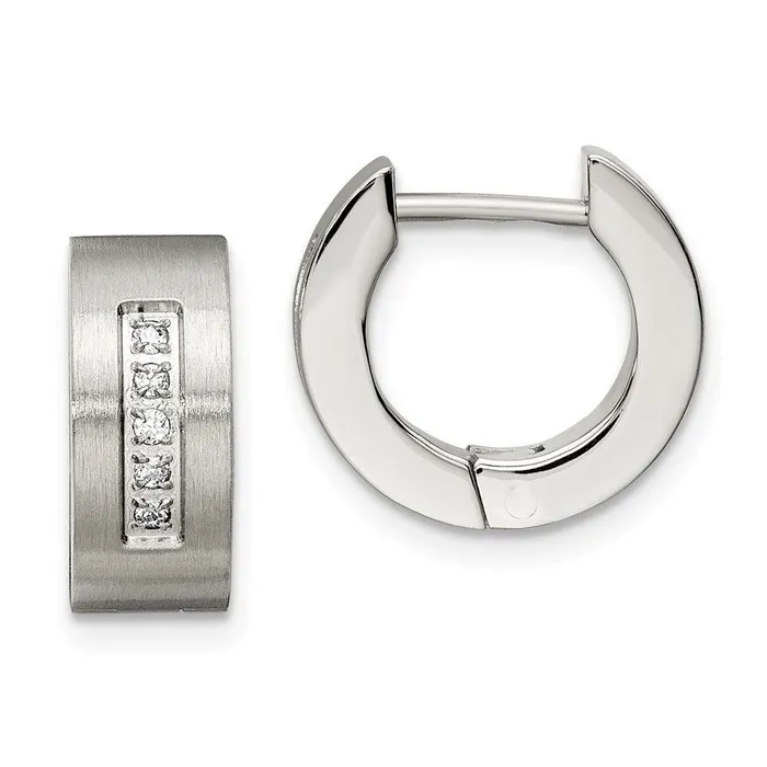 Earrings Chisel Stainless Steel CZ Brushed Polished Round Hinged Hoop Earrings Earrings Chisel Stainless Steel CZ Brushed Polished Round Hinged Hoop Earrings