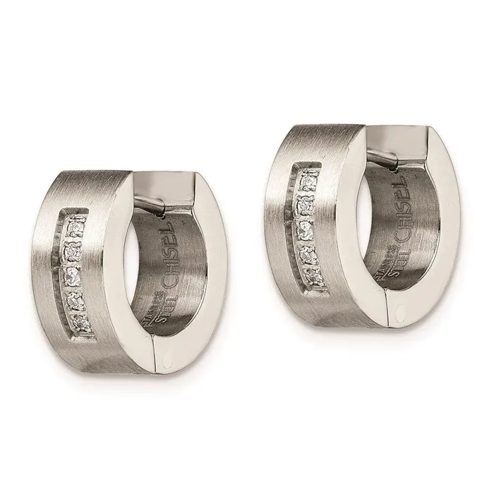 Earrings Chisel Stainless Steel CZ Brushed Polished Round Hinged Hoop Earrings Earrings Chisel Stainless Steel CZ Brushed Polished Round Hinged Hoop Earrings