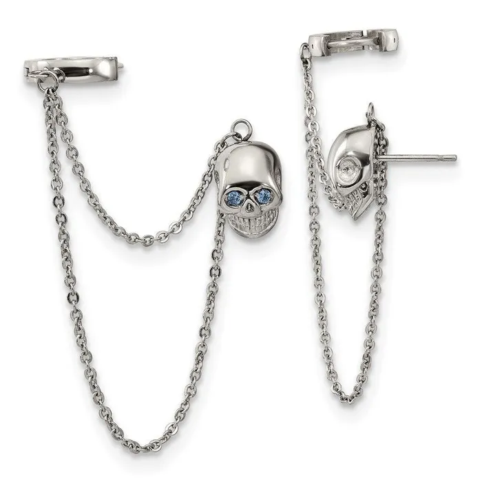 Earrings Chisel Stainless Steel Polished Double Earrings wHoop Chain Dangle Blue CZ Post Earrings Chisel Stainless Steel Polished Double Earrings wHoop Chain Dangle Blue CZ Post
