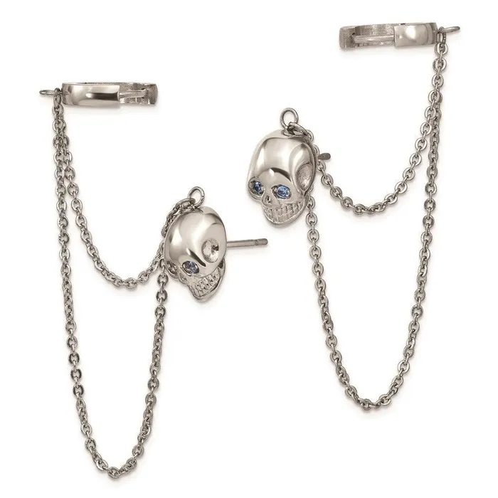 Earrings Chisel Stainless Steel Polished Double Earrings wHoop Chain Dangle Blue CZ Post Earrings Chisel Stainless Steel Polished Double Earrings wHoop Chain Dangle Blue CZ Post