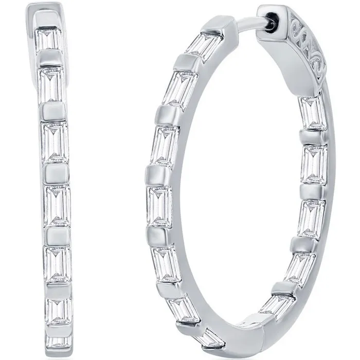 Earrings Classic Classic Womens Earrings Sterling Silver White CZ Stone Baguette 25mm Hoop D8199 Earrings Classic Classic Womens Earrings Sterling Silver White CZ Stone Baguette 25mm Hoop D8199