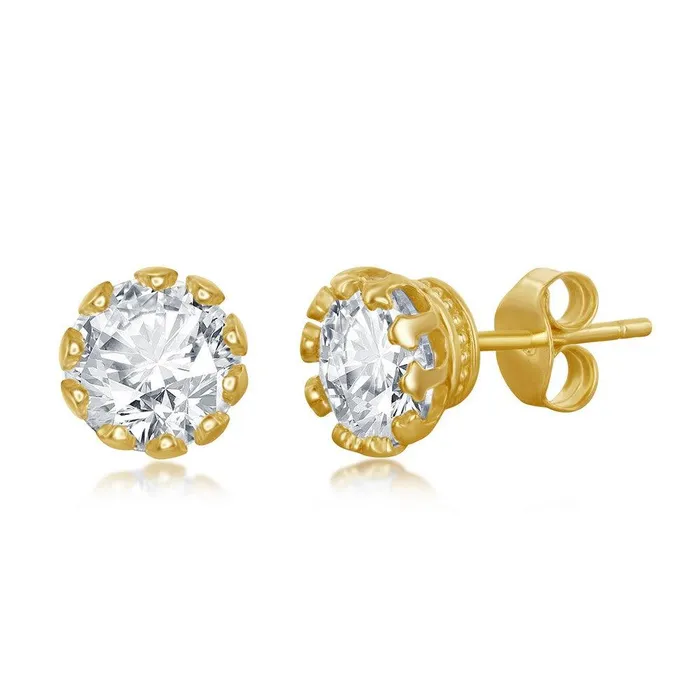 Earrings Classic Set of 5 Sterling Silver Crown Set Prong Round 7mm CZ Stud Earrings Gold Plated Earrings Classic Set of 5 Sterling Silver Crown Set Prong Round 7mm CZ Stud Earrings Gold Plated