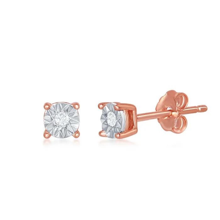 Earrings Classic Sterling Silver 4mm Rose Gold Diamond Earrings