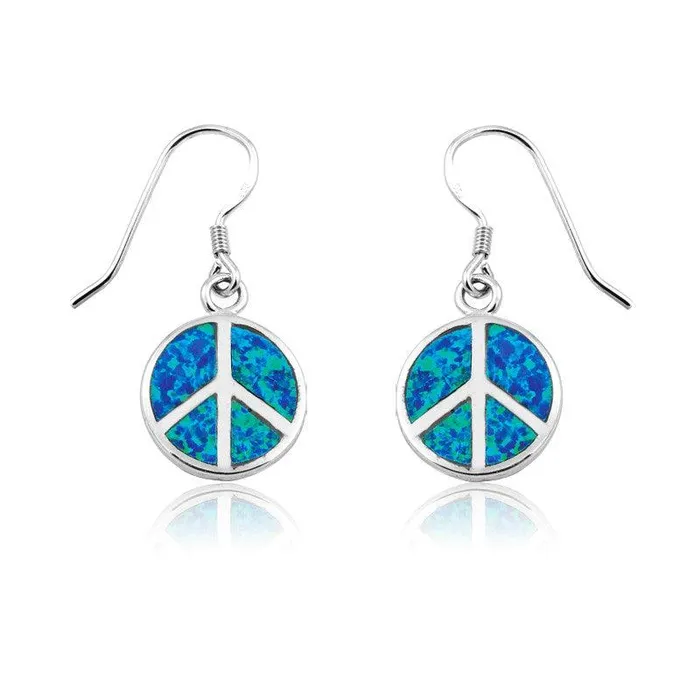 Earrings Classic Sterling Silver Blue Inlay Opal Peace Sign Earrings