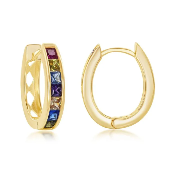 Earrings Classic Sterling Silver Gold Plated Rainbow CZ Oval Hoops Earrings