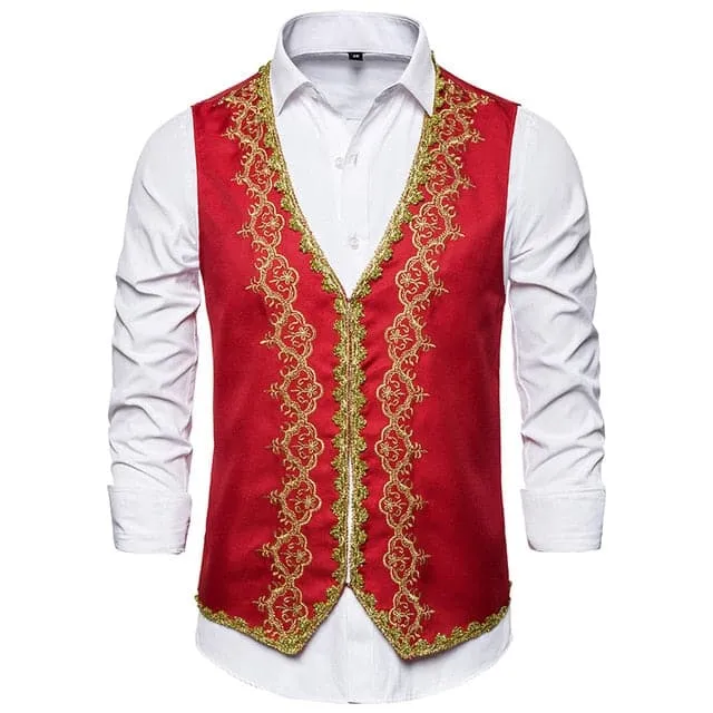 Earrings Divine Inspiration Styles KINGSTON SUITS Mens Fashion Red Gold Embroidery Regal Palace Style Blazer Jacket Matching Vest