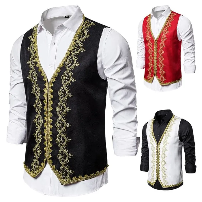 Earrings Divine Inspiration Styles KINGSTON SUITS Mens Fashion Red Gold Embroidery Regal Palace Style Blazer Jacket Matching Vest