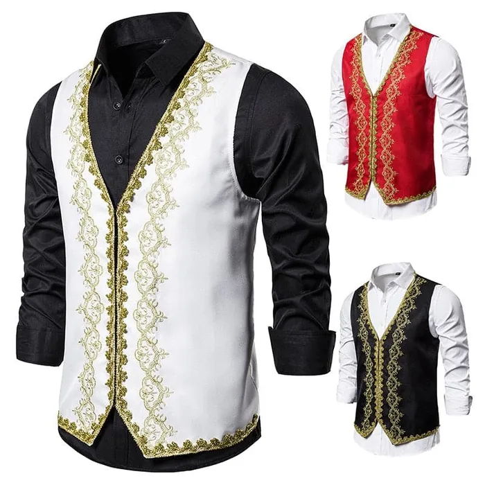 Earrings Divine Inspiration Styles KINGSTON SUITS Mens Fashion Red Gold Embroidery Regal Palace Style Blazer Jacket Matching Vest