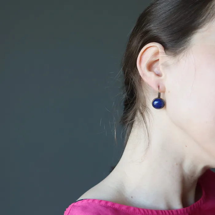 Earrings Lapis Earrings Blue Coin Antiqued Bronze Leverback Satin Crystals