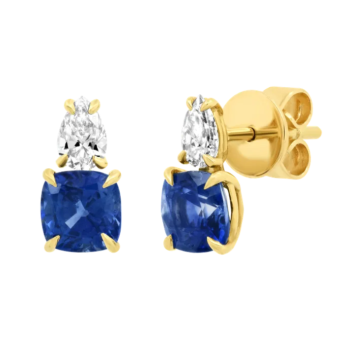 Earrings PEAR DIAMOND AND CUSHION CUT BLUE SAPPHIRE STUD anitako