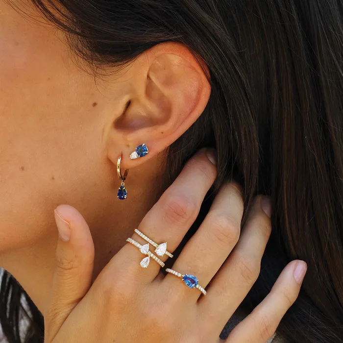 Earrings PEAR DIAMOND AND CUSHION CUT BLUE SAPPHIRE STUD anitako
