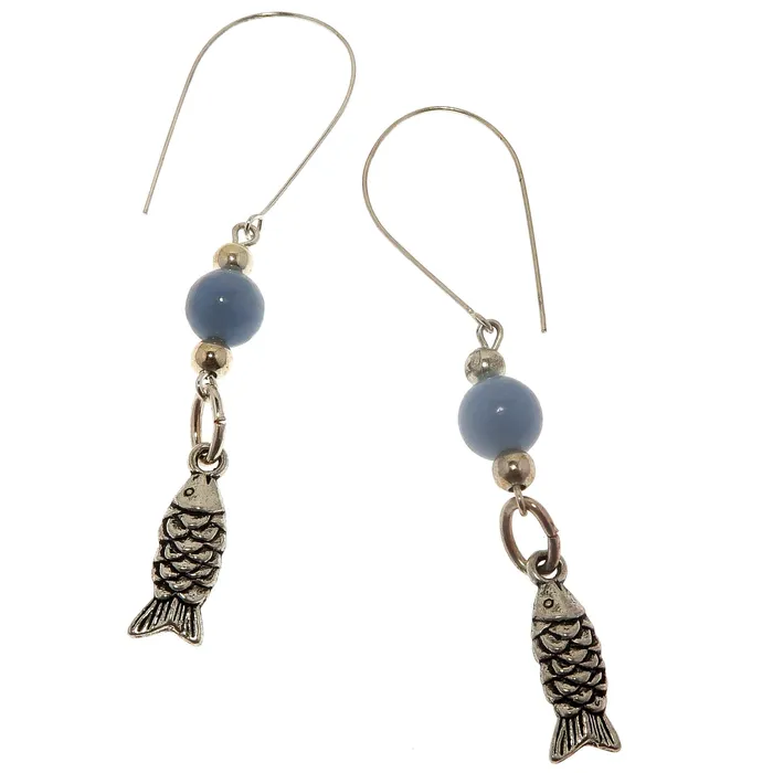 Earrings Satin Crystals Angelite Earrings Serene Blue Sea Silver Fish Jewel