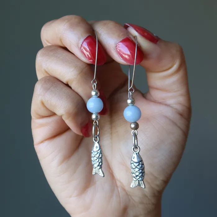 Earrings Satin Crystals Angelite Earrings Serene Blue Sea Silver Fish Jewel