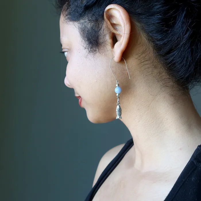 Earrings Satin Crystals Angelite Earrings Serene Blue Sea Silver Fish Jewel