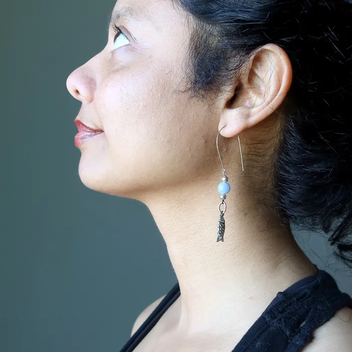 Earrings Satin Crystals Angelite Earrings Serene Blue Sea Silver Fish Jewel