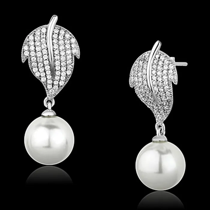 Earrings TS166 Rhodium 925 Sterling Silver Earrings with Synthetic Pearl in White Alamode Earrings TS166 Rhodium 925 Sterling Silver Earrings with Synthetic Pearl in White Alamode
