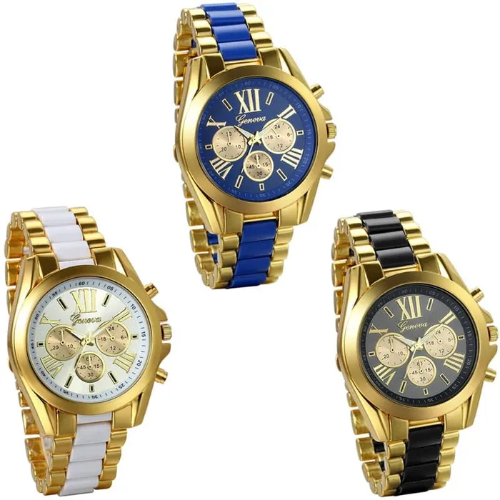 GENEVA Mens Luxury Fashion Premium Quality Golden Blue Stainless Steel Quartz Watch Divine Inspiration Styles Bracelets