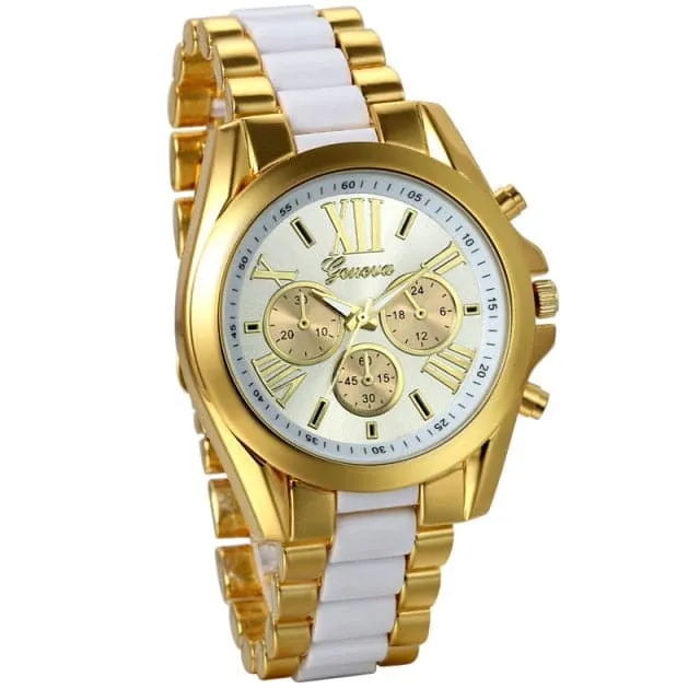 GENEVA Mens Luxury Fashion Premium Quality Golden Blue Stainless Steel Quartz Watch Divine Inspiration Styles Bracelets