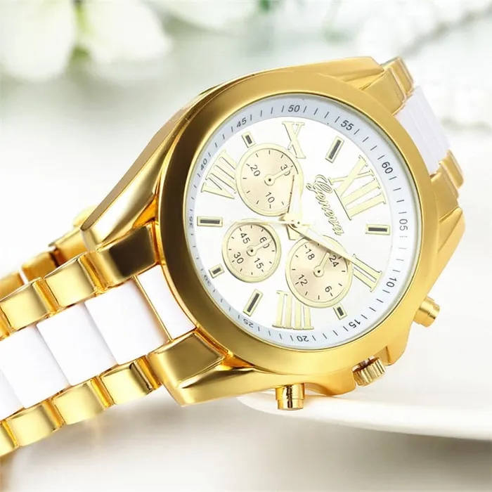 GENEVA Mens Luxury Fashion Premium Quality Golden Blue Stainless Steel Quartz Watch Divine Inspiration Styles Bracelets