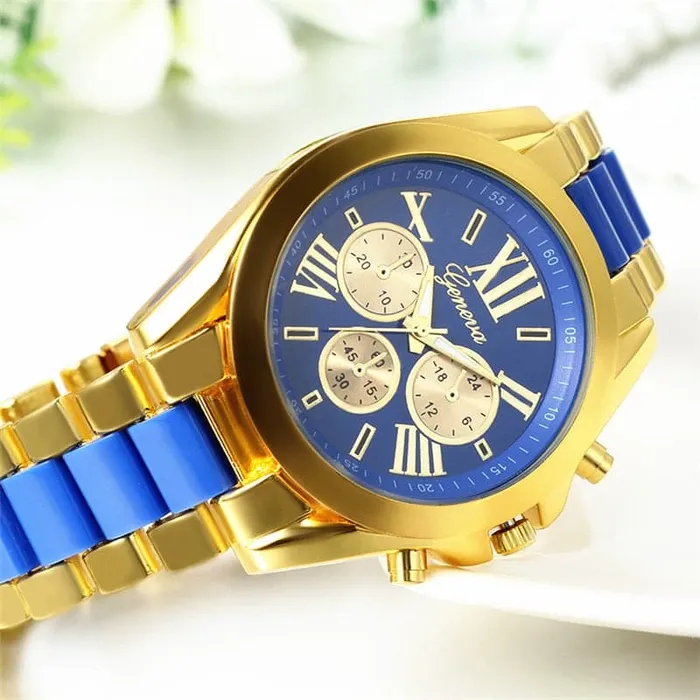 GENEVA Mens Luxury Fashion Premium Quality Golden Blue Stainless Steel Quartz Watch Divine Inspiration Styles Bracelets