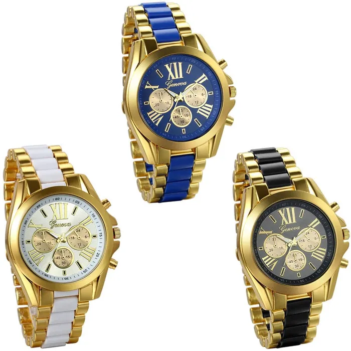 GENEVA Mens Luxury Fashion Premium Quality Golden Blue Stainless Steel Quartz Watch Divine Inspiration Styles Bracelets