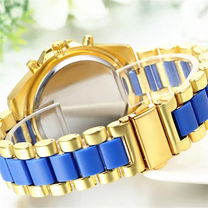 GENEVA Mens Luxury Fashion Premium Quality Golden Blue Stainless Steel Quartz Watch Divine Inspiration Styles Bracelets