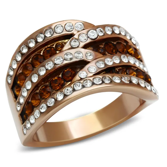 GL217 IP Rose GoldIon Plating Brass Ring with Top Grade Crystal in Smoked Quartz Alamode Rings GL217 IP Rose GoldIon Plating Brass Ring with Top Grade Crystal in Smoked Quartz Alamode Rings