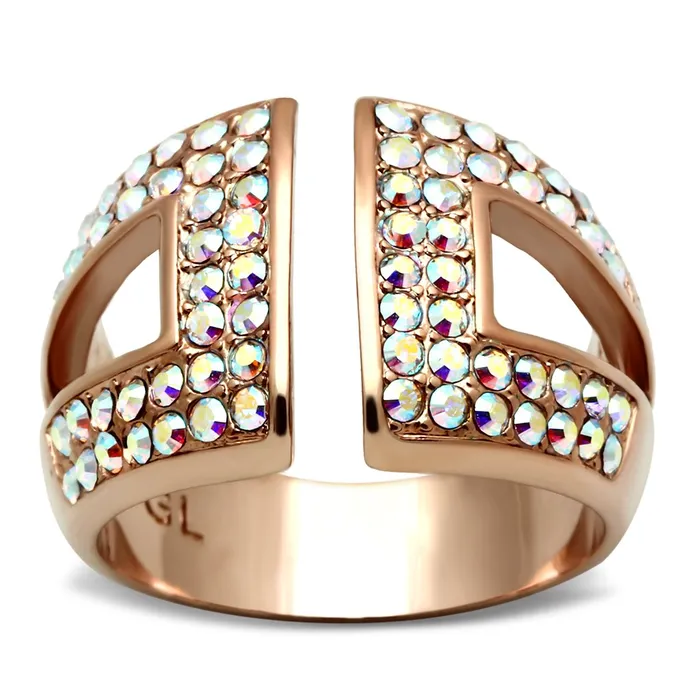 GL222 IP Rose GoldIon Plating Brass Ring with Top Grade Crystal in Aurora Borealis Rainbow Effect Alamode Rings GL222 IP Rose GoldIon Plating Brass Ring with Top Grade Crystal in Aurora Borealis Rainbow Effect Alamode Rings