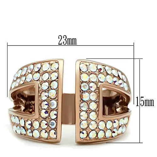 GL222 IP Rose GoldIon Plating Brass Ring with Top Grade Crystal in Aurora Borealis Rainbow Effect Alamode Rings