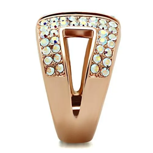GL222 IP Rose GoldIon Plating Brass Ring with Top Grade Crystal in Aurora Borealis Rainbow Effect Alamode Rings