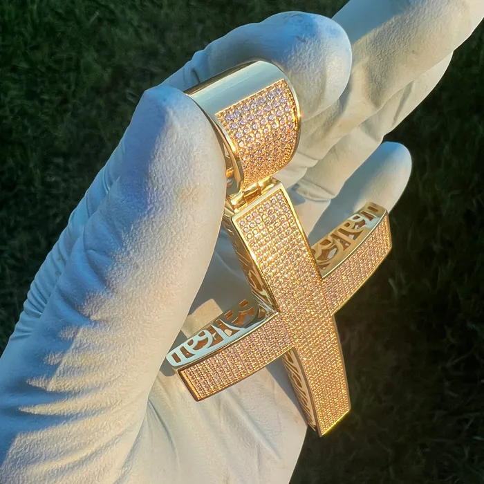 Harlem 14K Gold Plated 925 Sterling Silver Big Cross Pendant Iced Micro Pave CZ 325 Necklaces