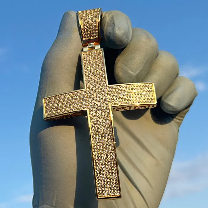 Harlem 14K Gold Plated 925 Sterling Silver Big Cross Pendant Iced Micro Pave CZ 325 Necklaces