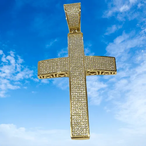 Harlem 14K Gold Plated 925 Sterling Silver Big Cross Pendant Iced Micro Pave CZ 325 Necklaces