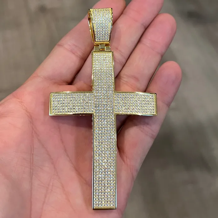 Harlem 14K Gold Plated 925 Sterling Silver Big Cross Pendant Iced Micro Pave CZ 325 Necklaces