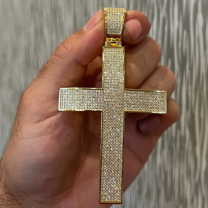 Harlem 14K Gold Plated 925 Sterling Silver Big Cross Pendant Iced Micro Pave CZ 325 Necklaces