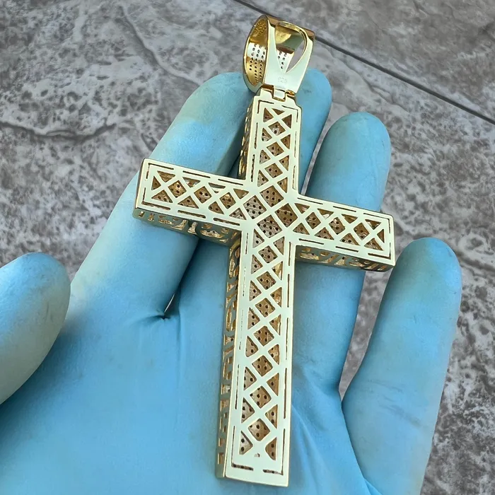 Harlem 14K Gold Plated 925 Sterling Silver Big Cross Pendant Iced Micro Pave CZ 325 Necklaces
