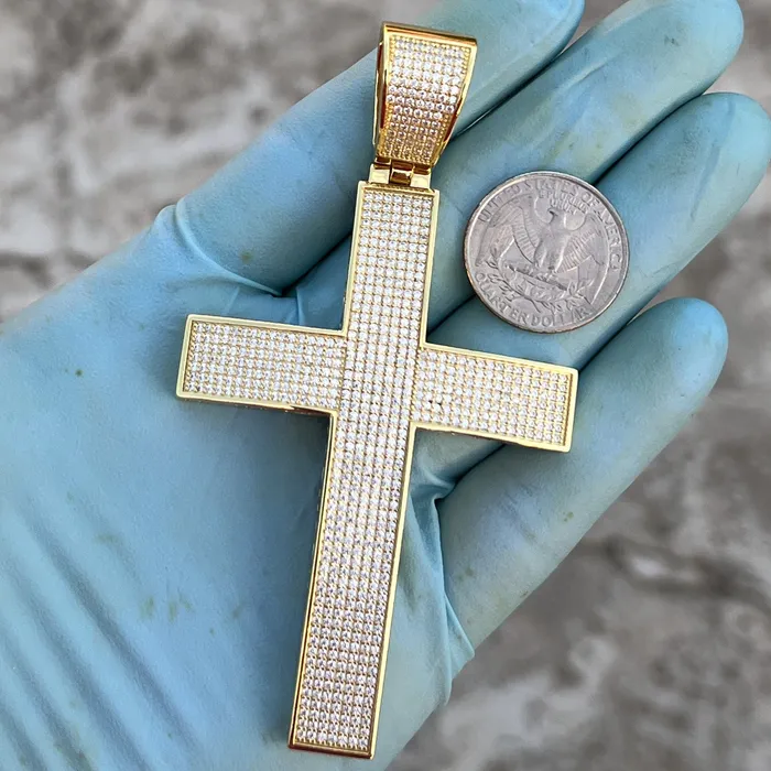 Harlem 14K Gold Plated 925 Sterling Silver Big Cross Pendant Iced Micro Pave CZ 325 Necklaces
