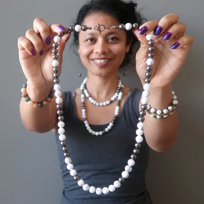 Howlite Necklace Prospective Stones Beaded Gunmetal Satin Crystals Necklaces