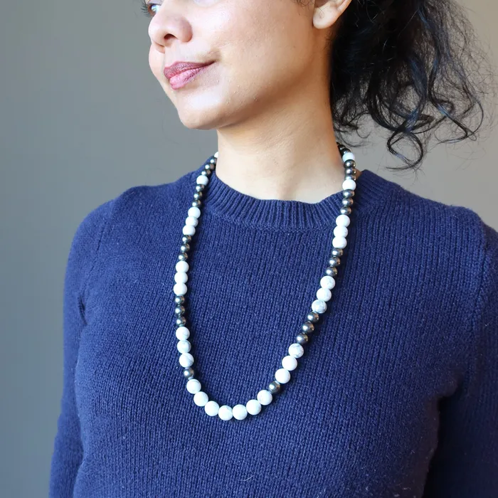Howlite Necklace Prospective Stones Beaded Gunmetal Satin Crystals Necklaces
